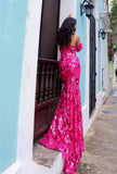 #D1269 Hot Pink Sequins XLong Train Gown