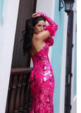 #D1269 Hot Pink Sequins XLong Train Gown