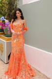 #D1269 Orange Sequins XLong Train Gown
